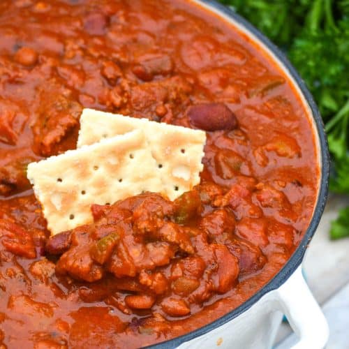 saltine crackers stuck in a pot of copycat wendy's chili