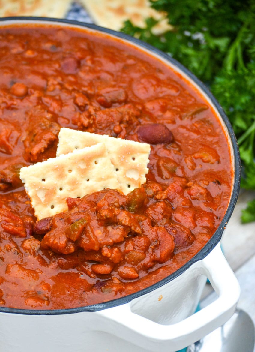 saltine crackers stuck in a pot of copycat wendy's chili