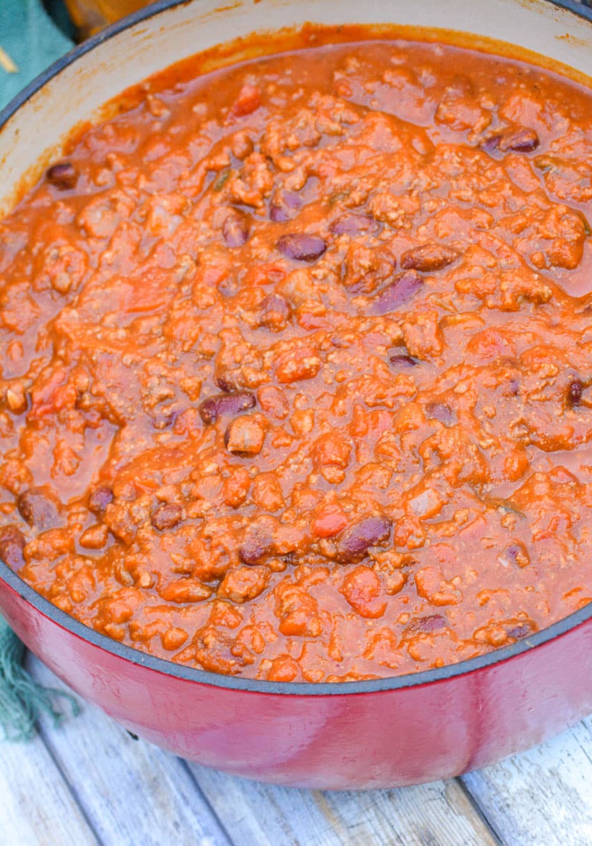 pumpkin chili in a red dutch oven