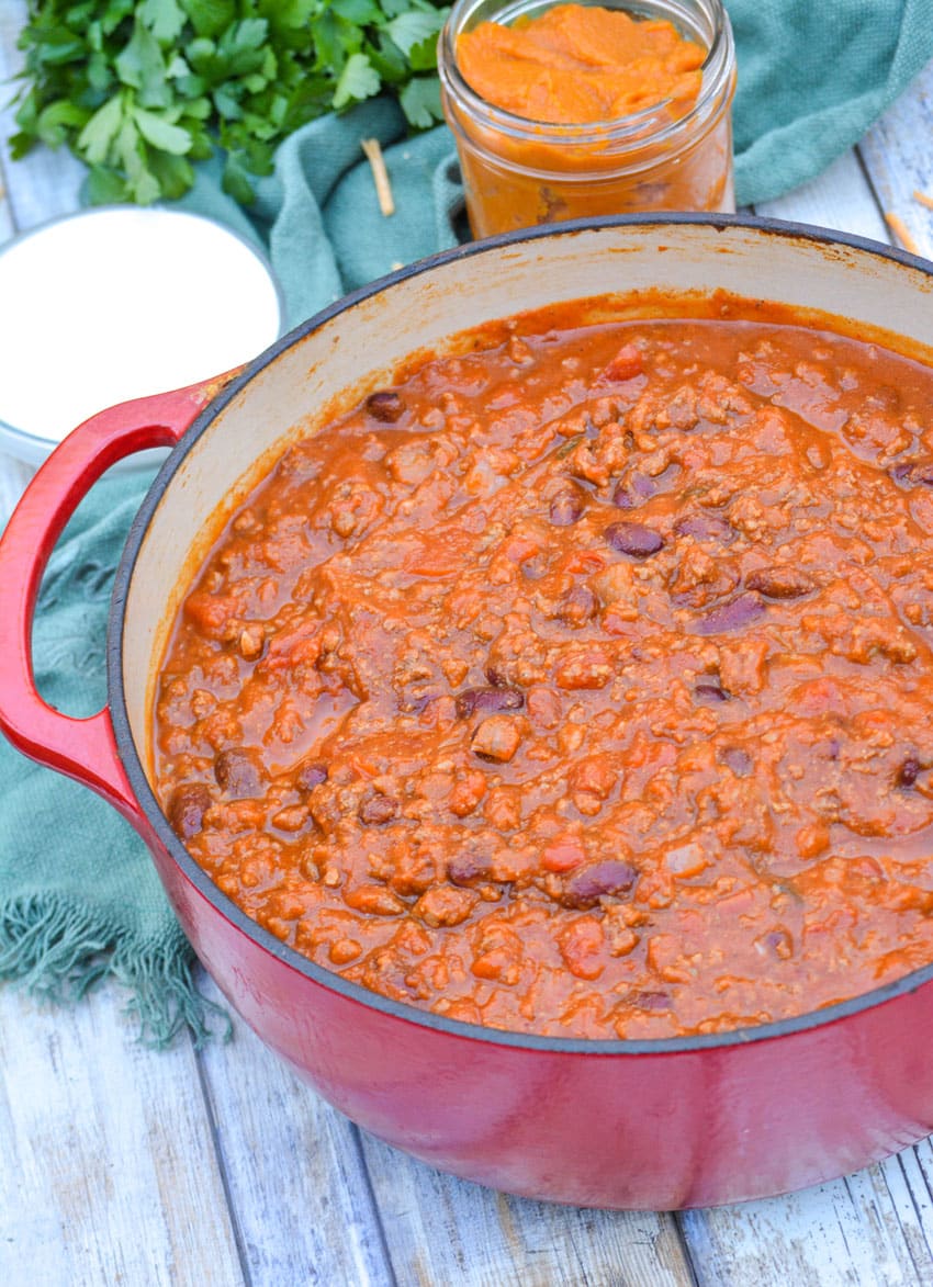 pumpkin chili in a red dutch oven