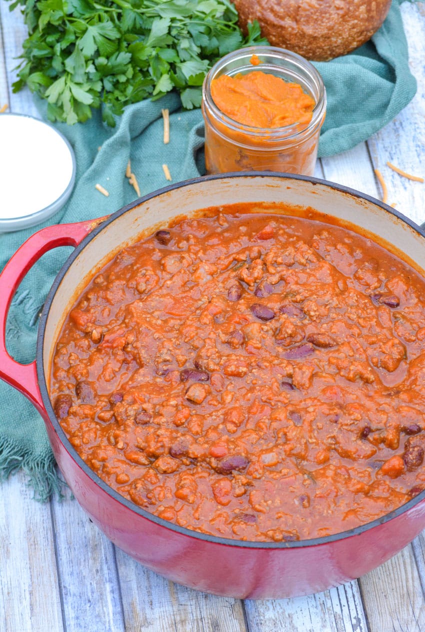 pumpkin chili in a red dutch oven