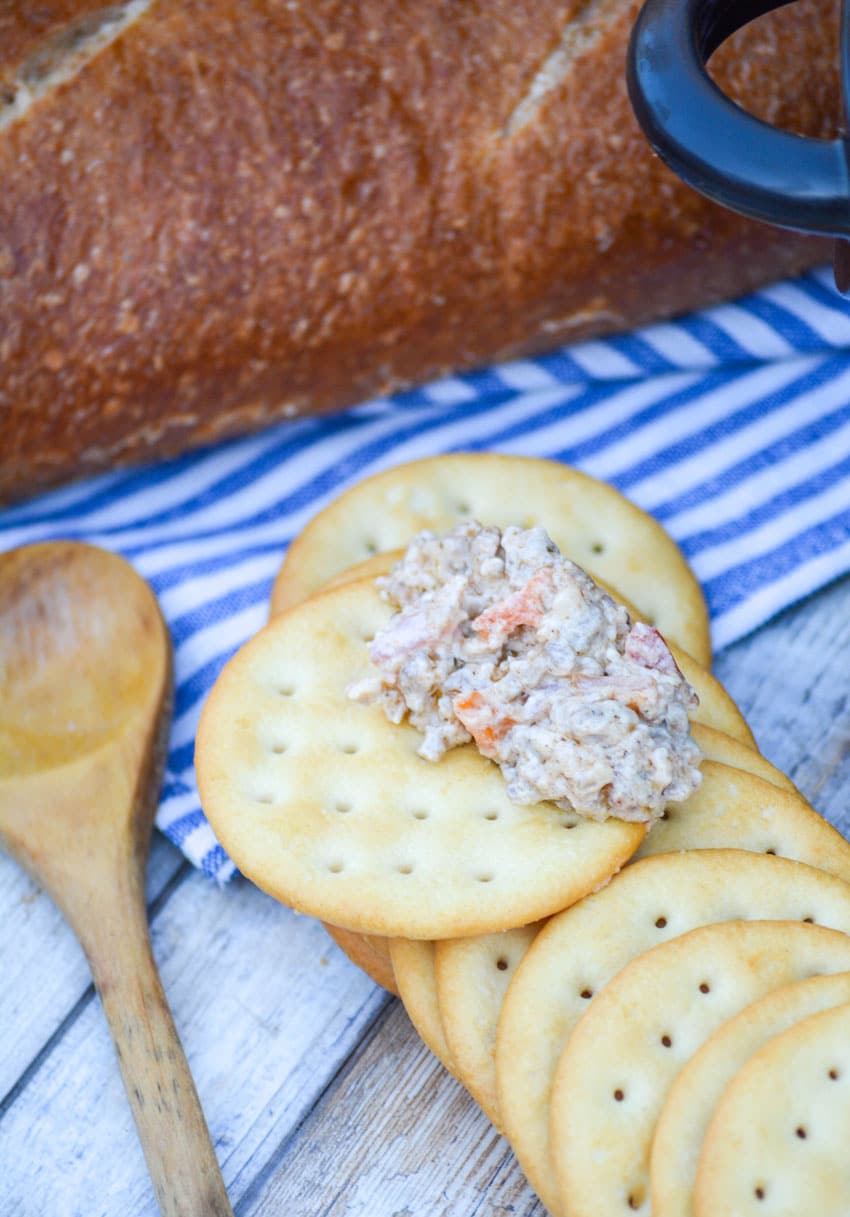 creamy rotel dip with sausage on a large water cracker