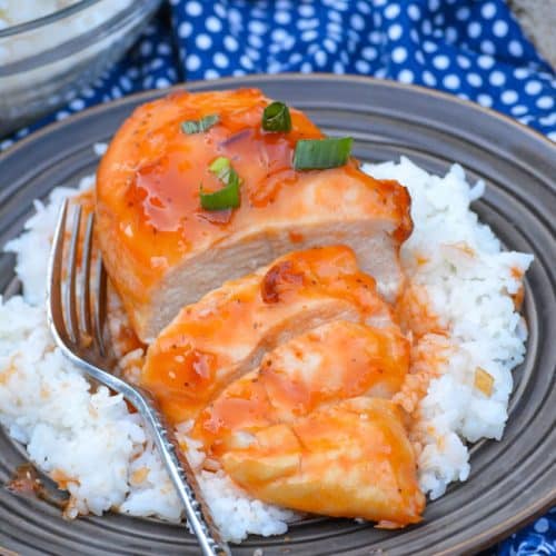 baked russian chicken on a bed of steamed white rice on a brown plate