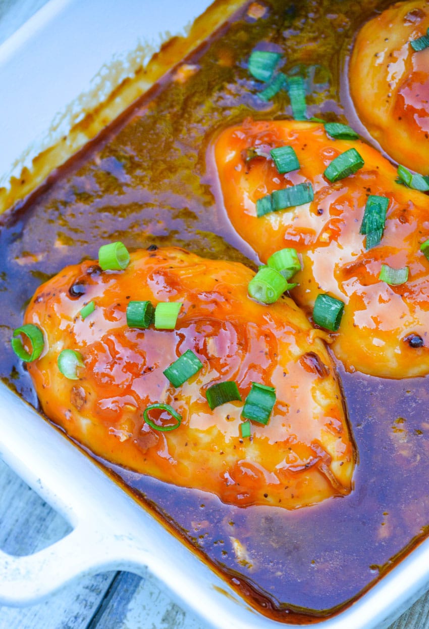 baked russian chicken in a white casserole dish