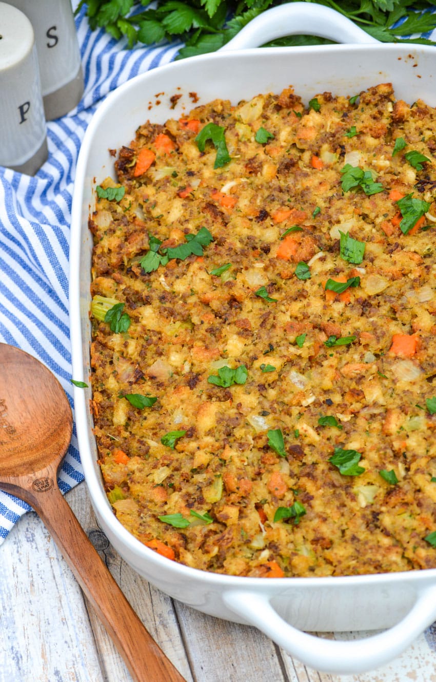 better stuffing from a box baked in a white casserole dish