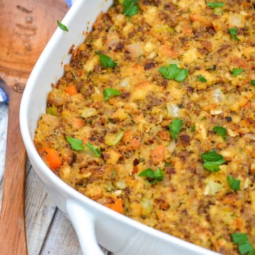 better stuffing from a box baked in a white casserole dish