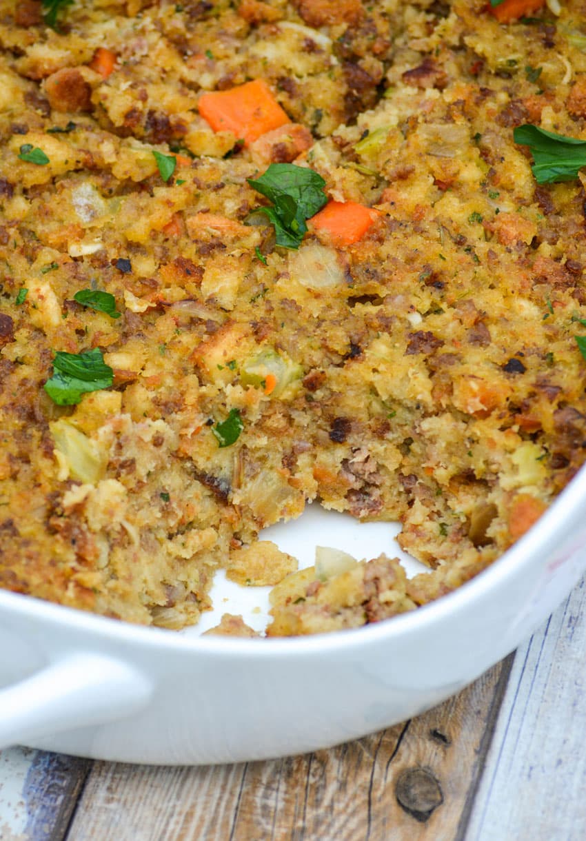 better stuffing from a box baked in a white casserole dish