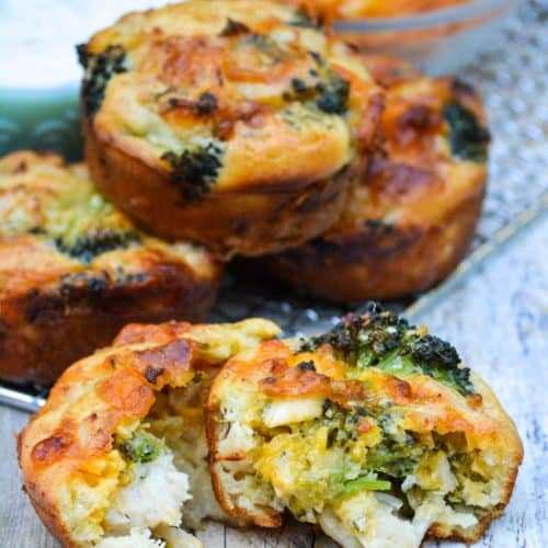 mini chicken broccoli and cheddar pies on a wire cooling rack