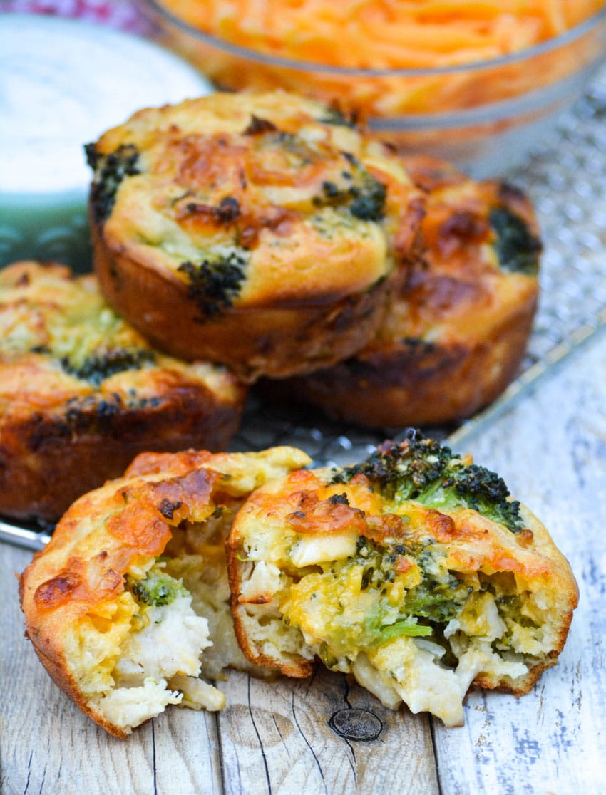 mini chicken broccoli and cheddar pies on a wire cooling rack