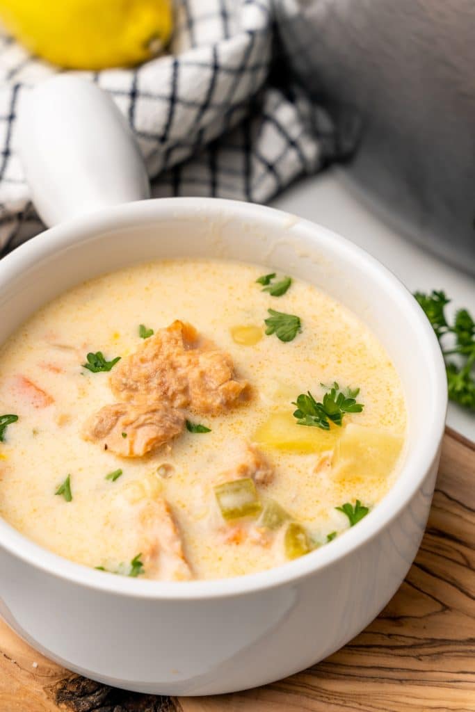 salmon chowder with canned salmon in a white bowl