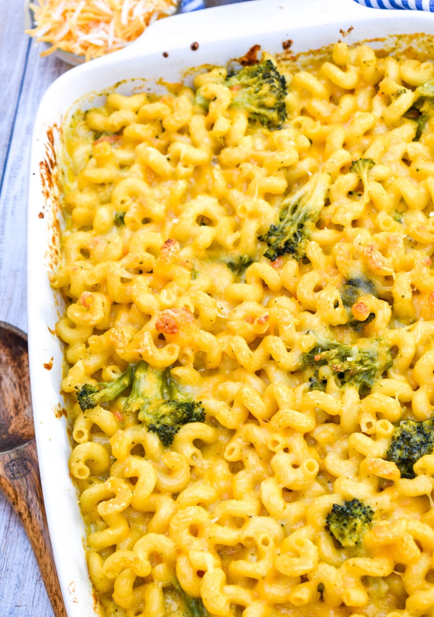 copycat panera broccoli cheddar mac and cheese in a white casserole dish