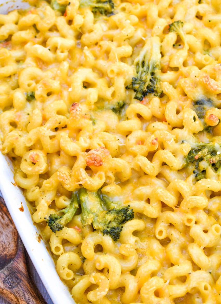 copycat panera broccoli cheddar mac and cheese in a white casserole dish