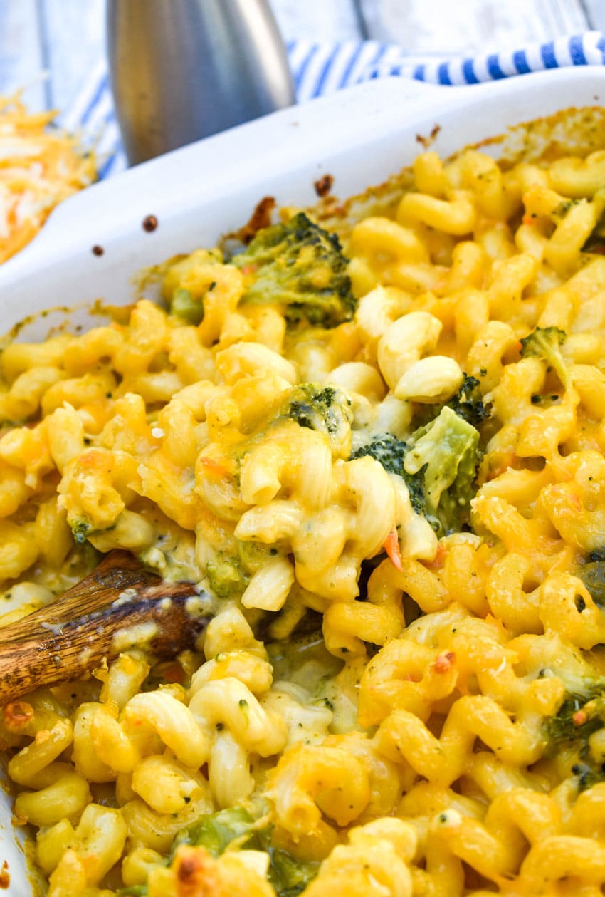 copycat panera broccoli cheddar mac and cheese in a casserole dish