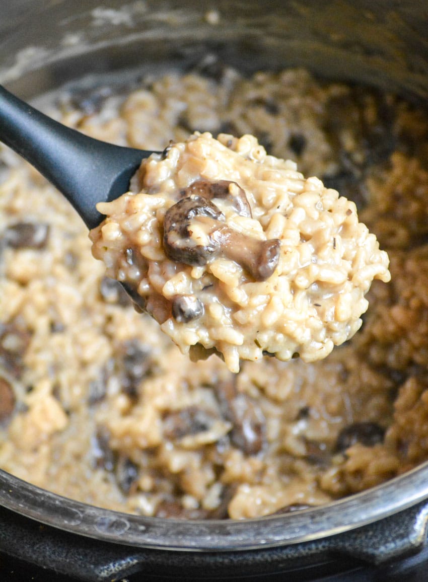 a black spoon holding a scoop of mushroom risotto over an instant pot
