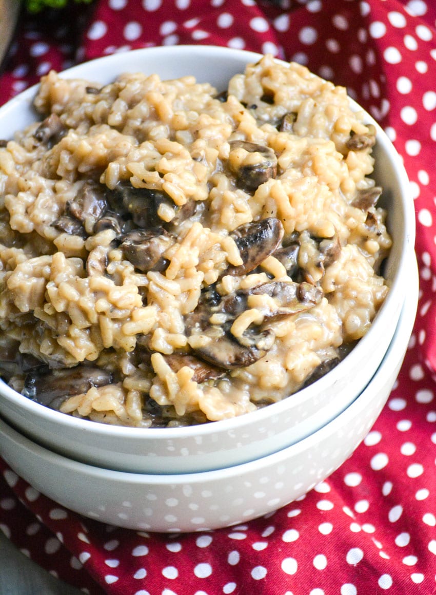 instant pot mushroom risotto in two white bowls