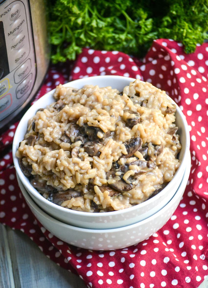 instant pot mushroom riosotto in two white bowls