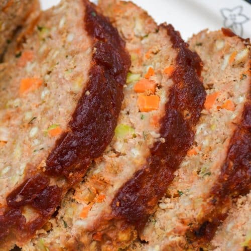 slices of Thanksgiving meatloaf arranged on a serving platter