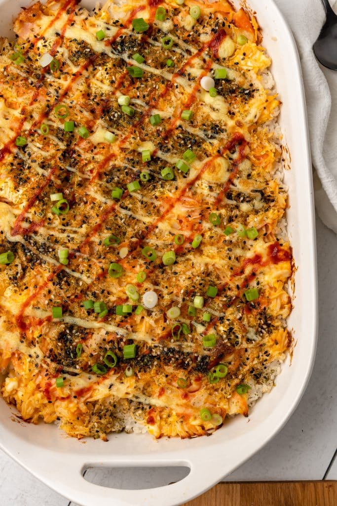 a tiktok sushi bake in a white casserole dish