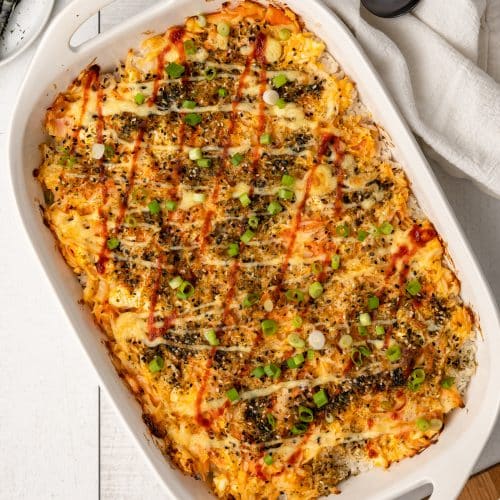 a tiktok sushi bake in a white casserole dish