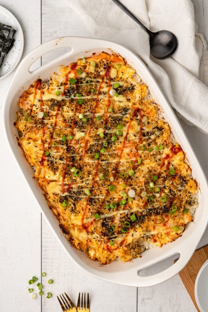 a tiktok sushi bake in a white casserole dish