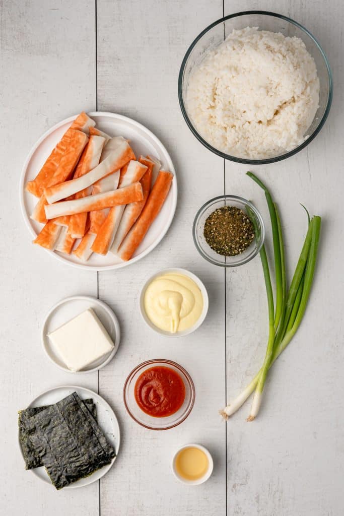 an overhead image showing the measured ingredients needed to make the viral tiktok sushi bake