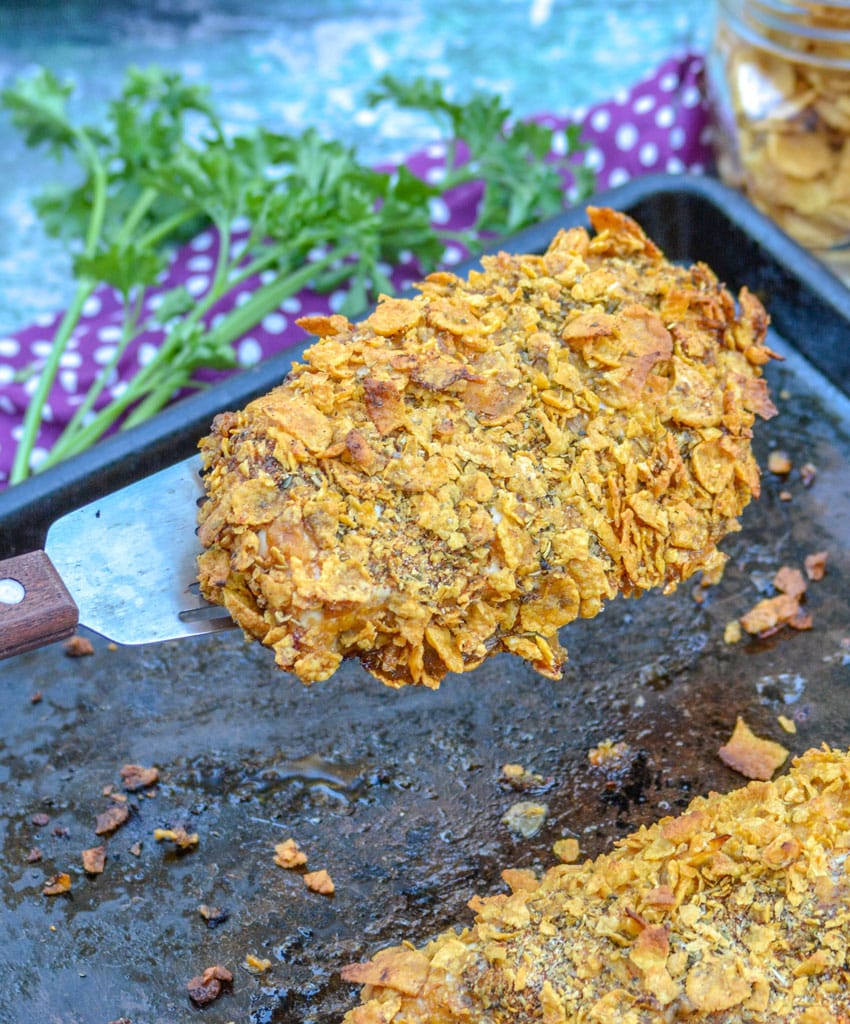 a metal spatula holding up a crispy baked cornflake crusted chicken breast