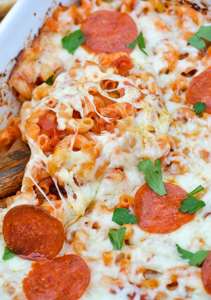dump and bake pizza casserole in a white baking dish