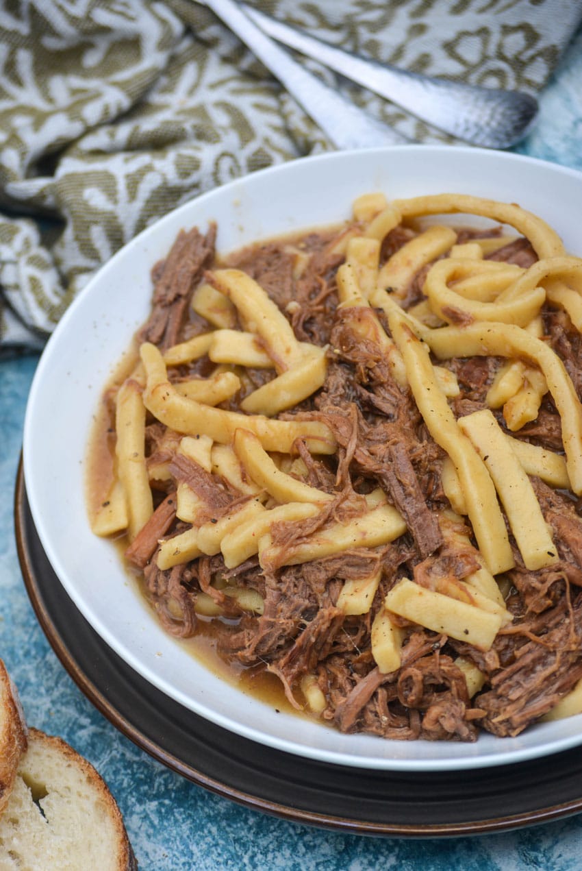 instant pot beef and noodles in a white bowl