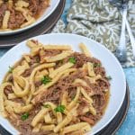 instant pot beef and noodles in a white bowl