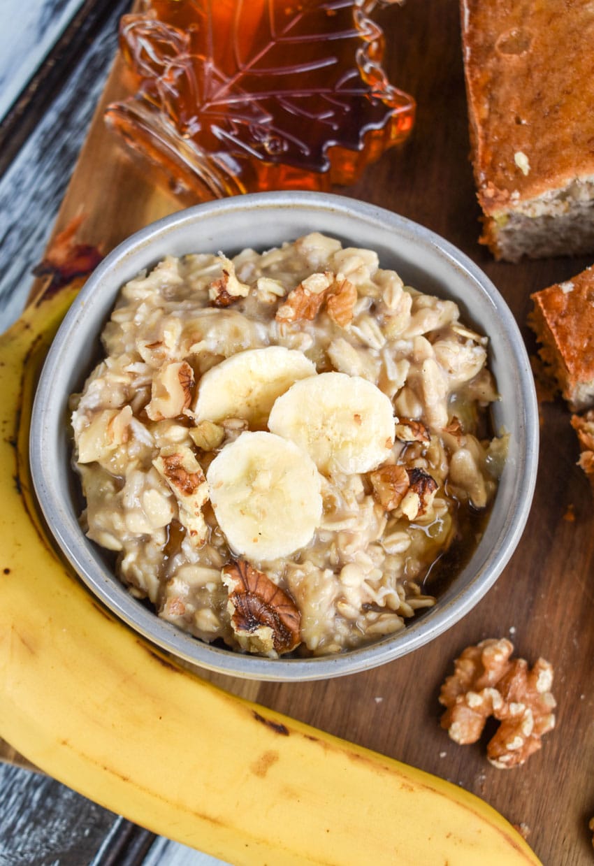 banana bread overnight oats in a small gray bowl