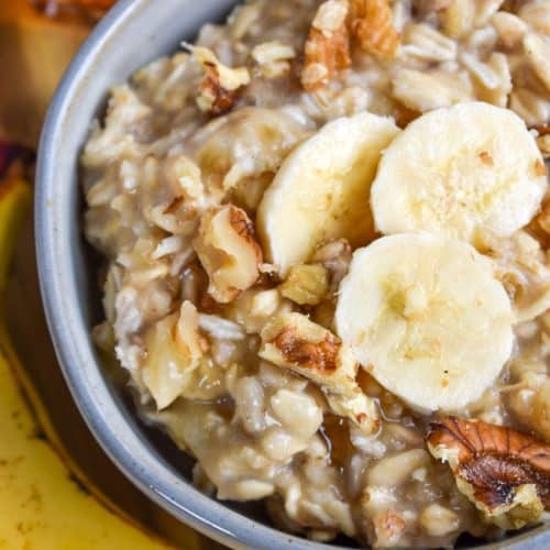 banana bread overnight oatmeal in a small gray bowl