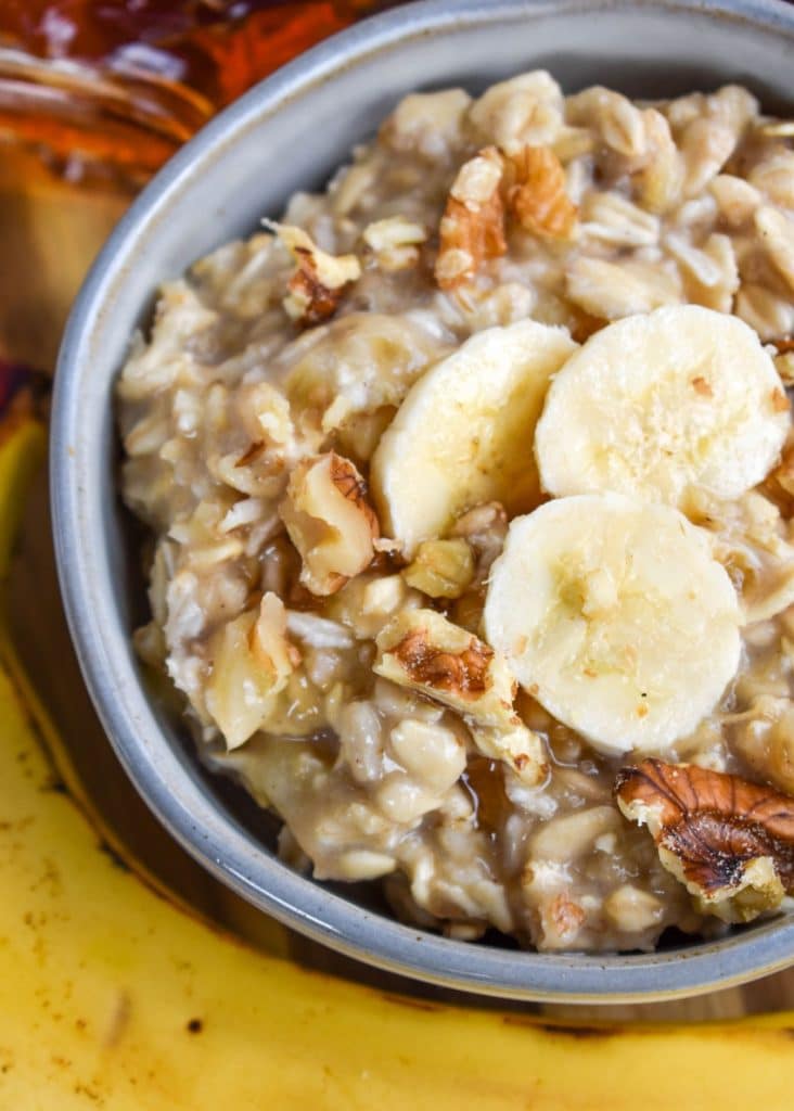 banana bread overnight oatmeal in a small gray bowl