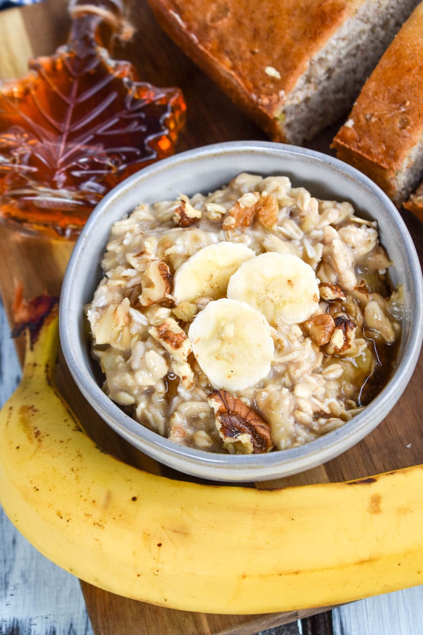 banana bread overnight oats in a small gray bowl