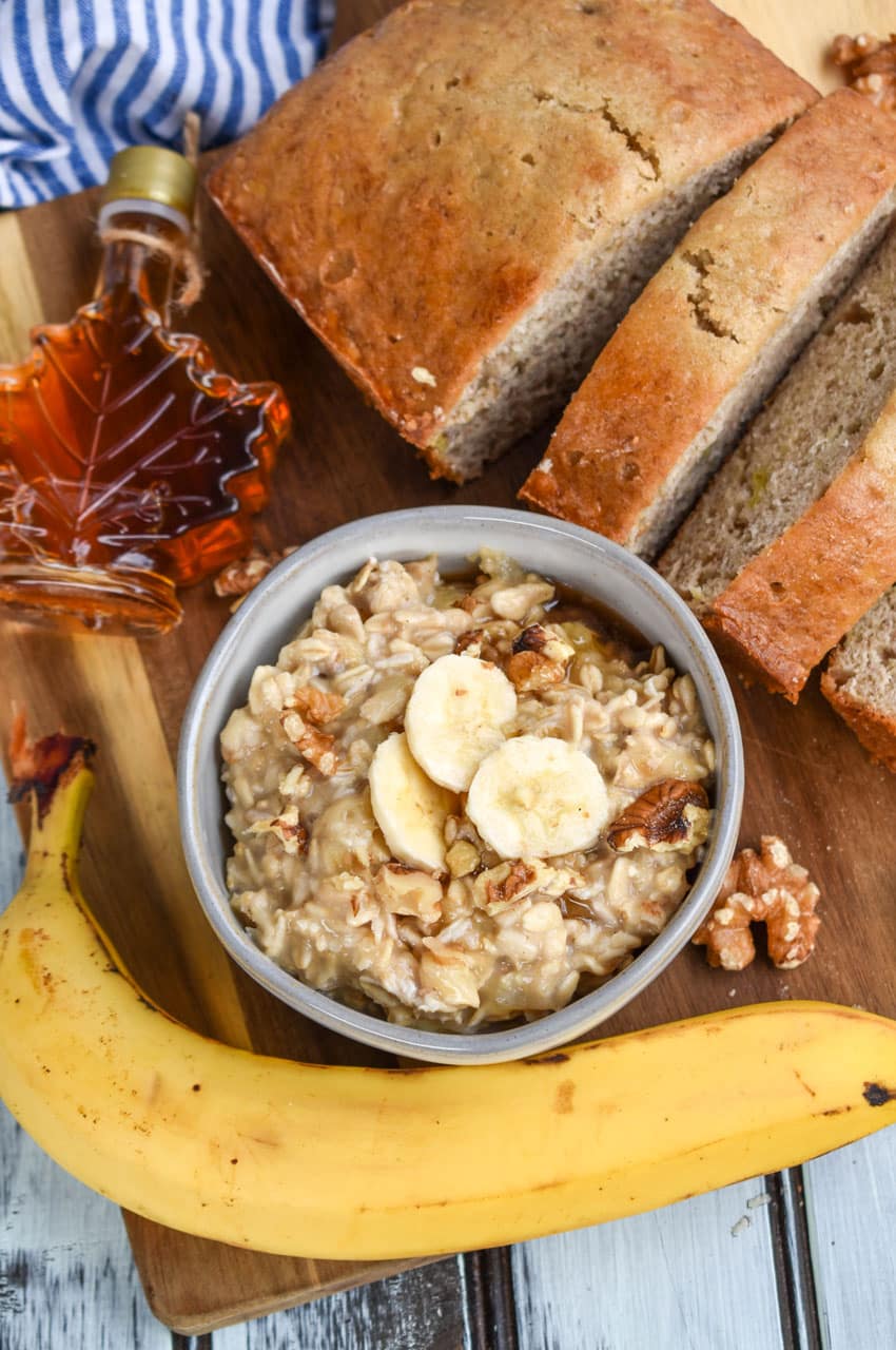 banana bread overnight oats in a small gray bowl