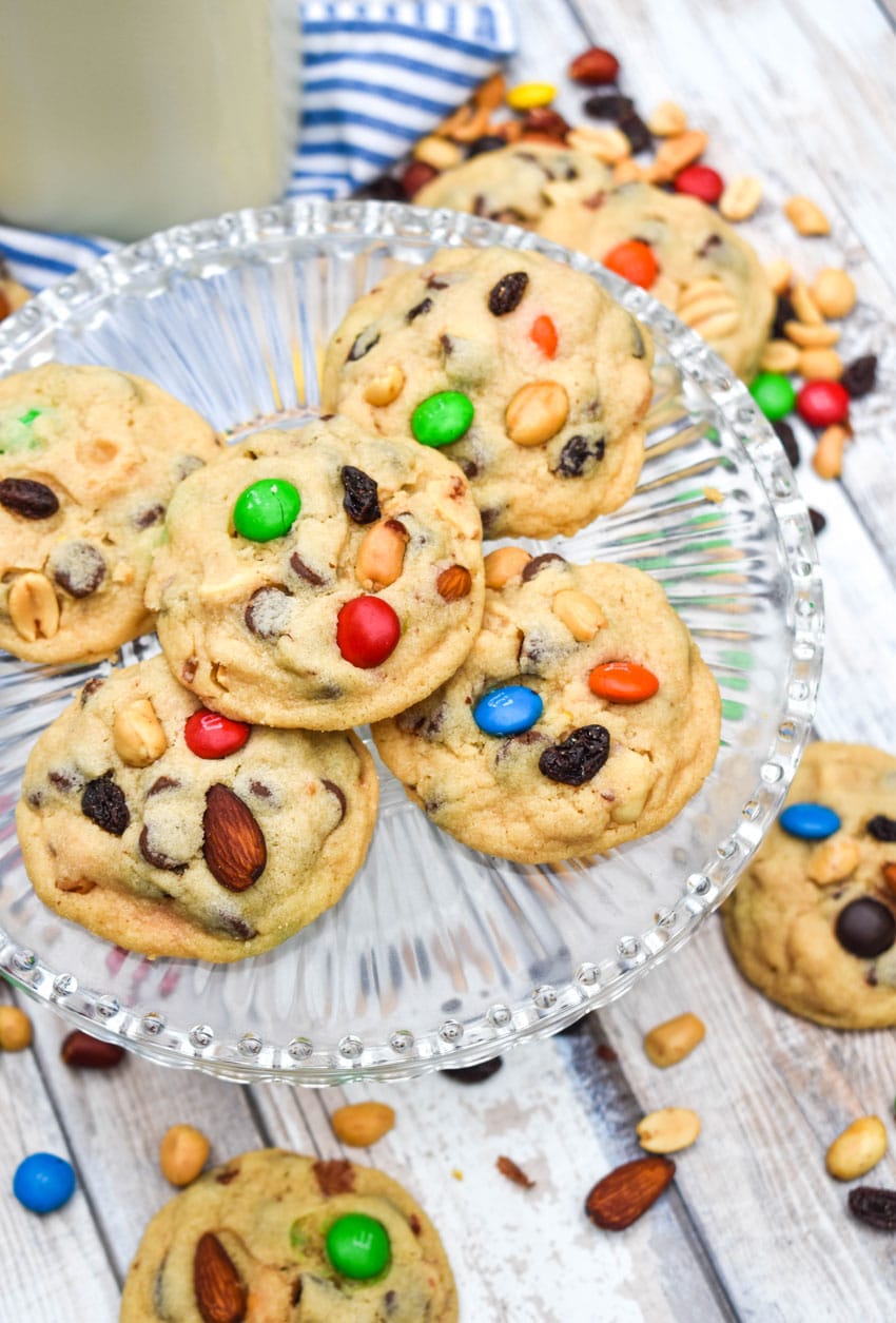Quick & Easy Trail Mix Cookies quick and easy trail mix cookies on a glass cake stand