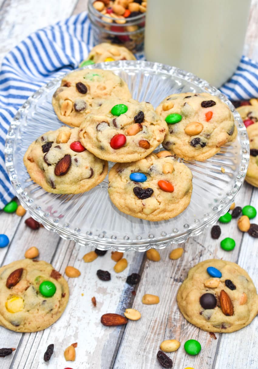 trail mix cookies on a glass cake stand