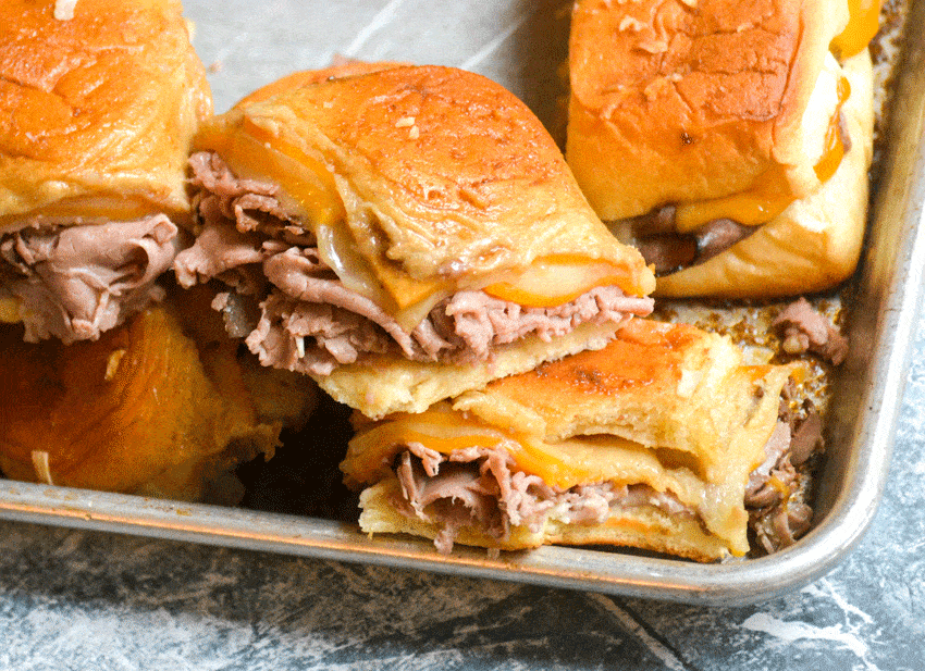 arby's inspired beef n cheddar sliders on a metal baking sheet