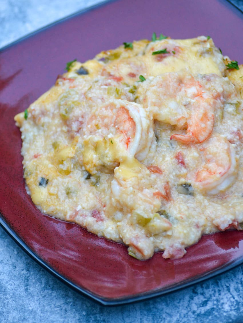 shrimp and grits casserole on a red plate