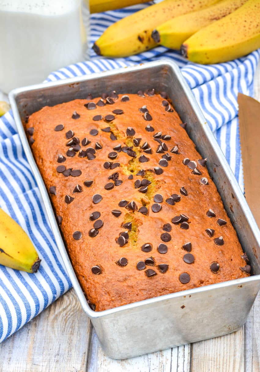 three ingredient banana bread in a metal loaf pan