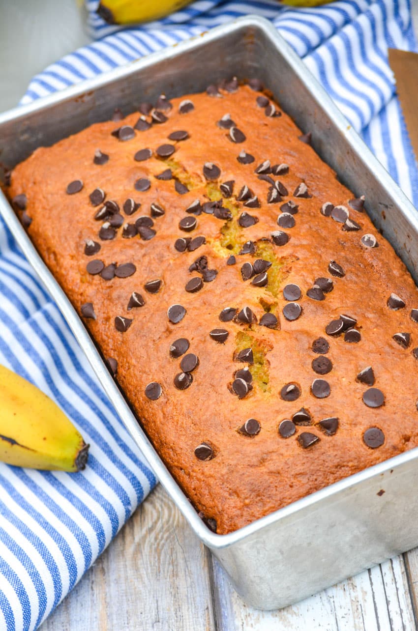 three ingredient banana bread in a metal loaf pan