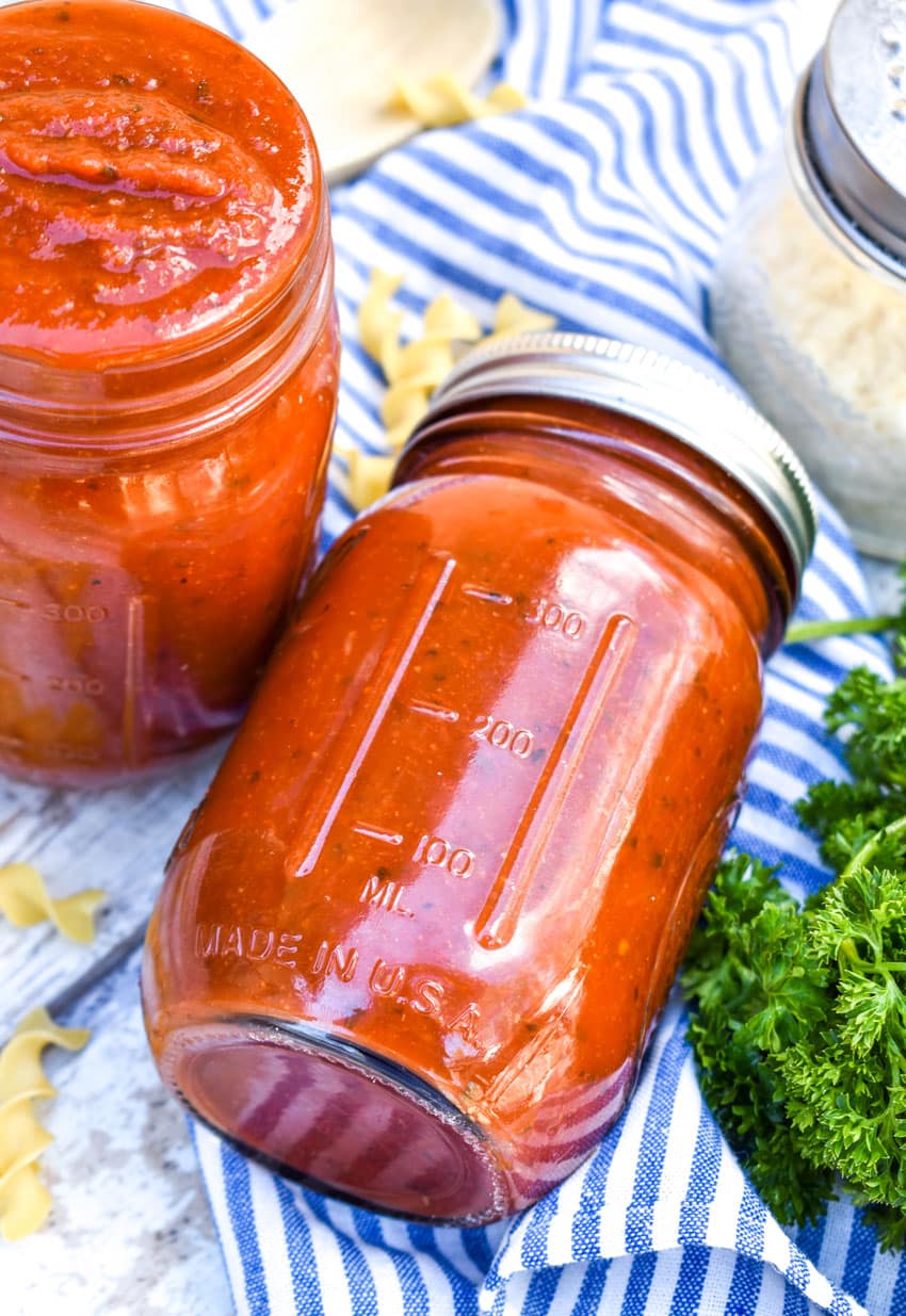 seasoned pasta sauce in glass mason jars