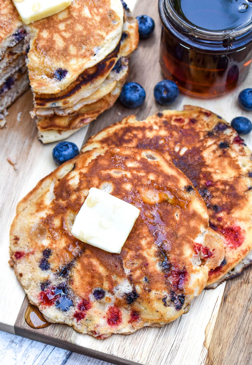 muffin mix pancakes on a wooden cutting board