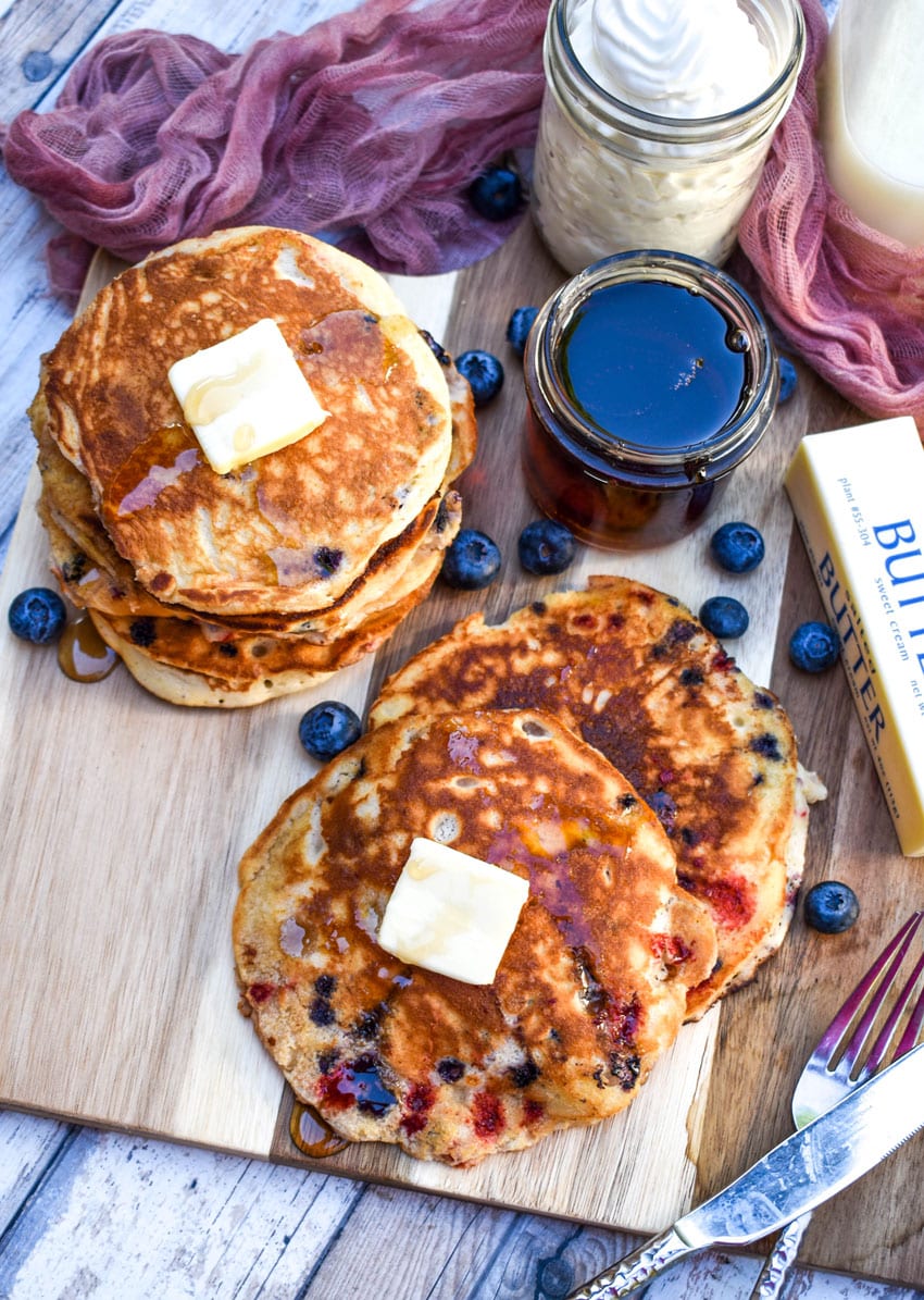 muffin mix pancakes on a wooden cutting board