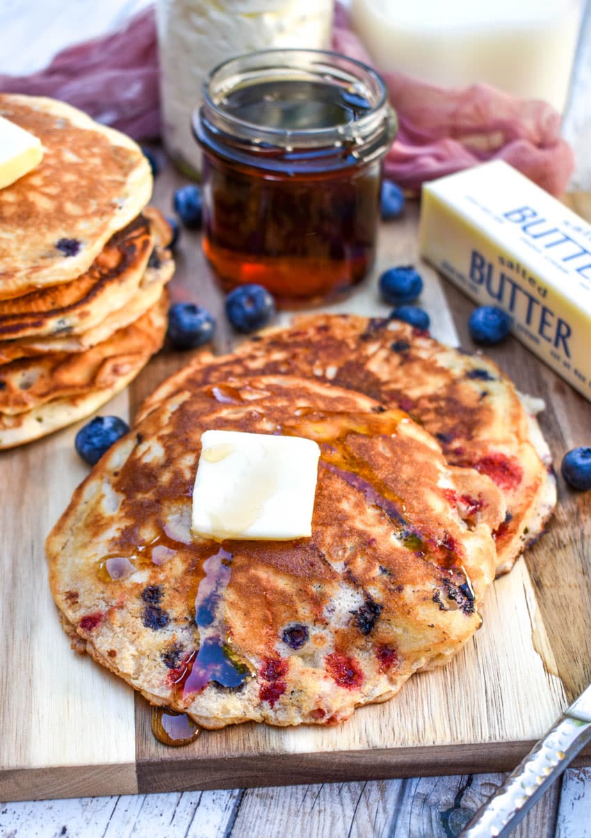 muffin mix pancakes on a wooden cutting board