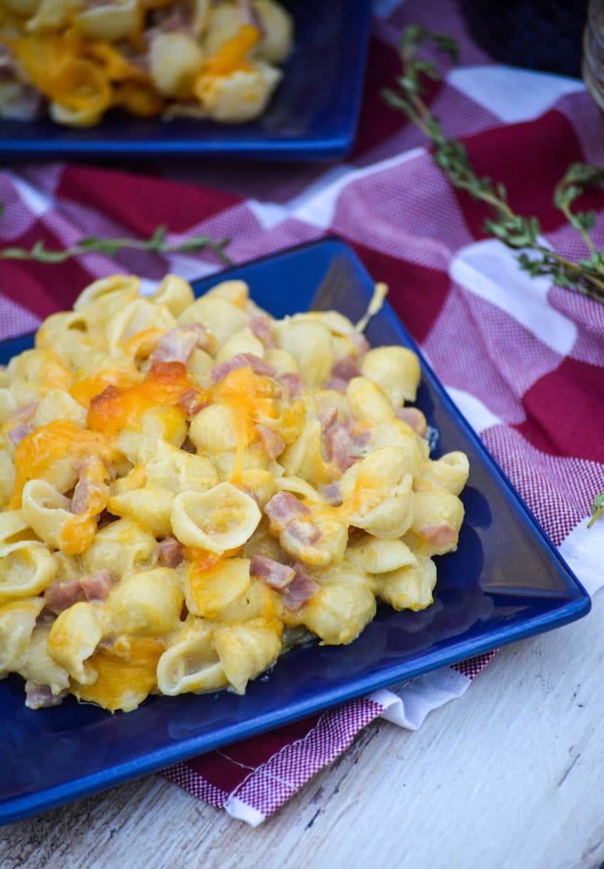 macaroni and cheese with ham on a blue plate