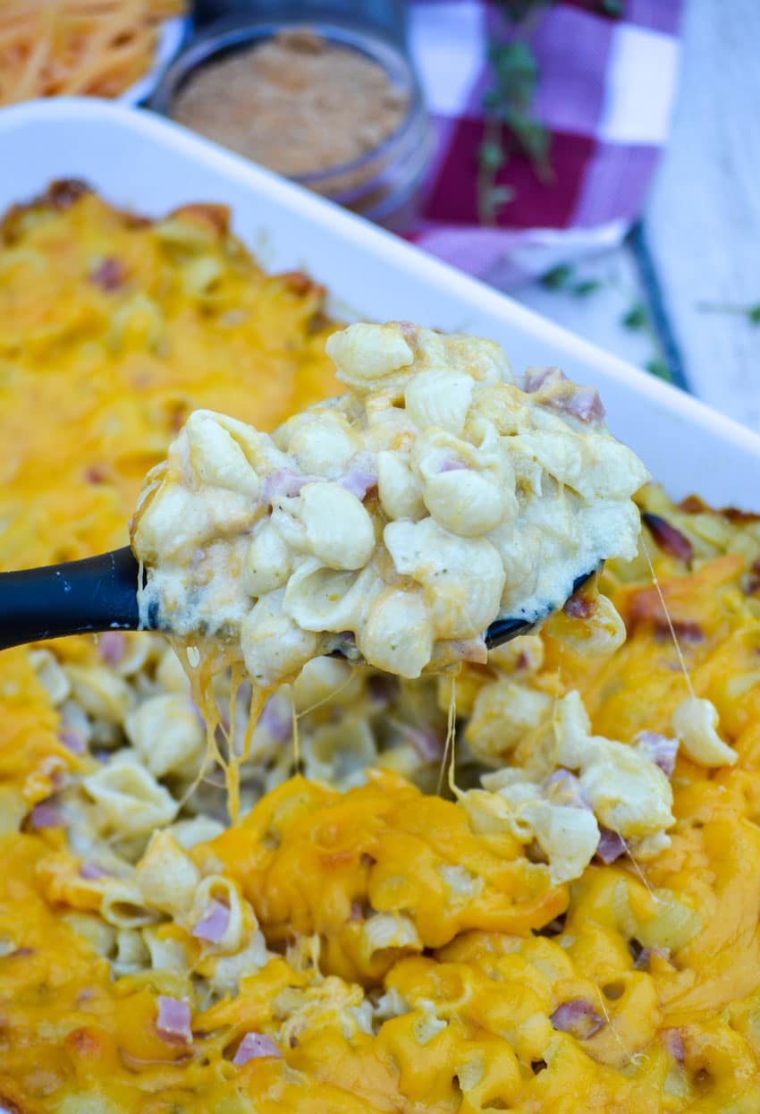 a scoop of baked mac and cheese with ham on a black serving spoon