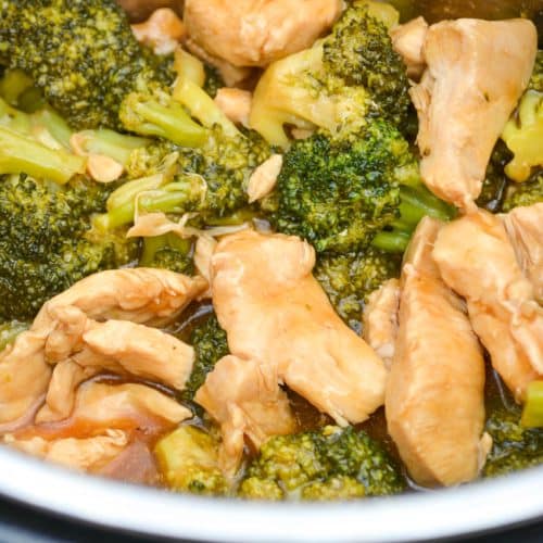 Instant pot chicken and broccoli in the bowl of a pressure cooker