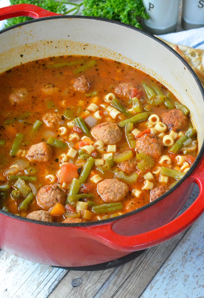 Meatball Vegetable Soup meatball vegetable soup in a red enameled cast iron pot