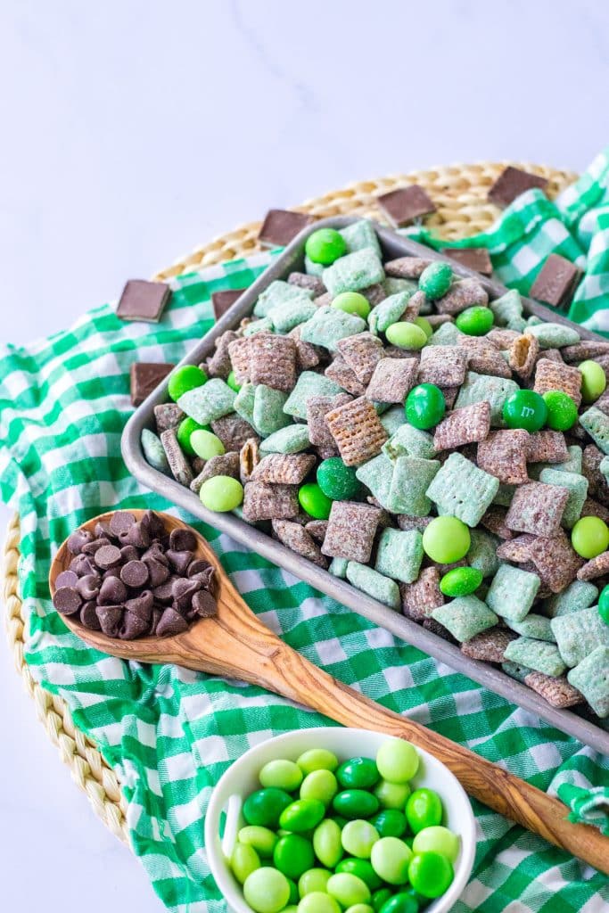 thin mint puppy chow on a metal tray