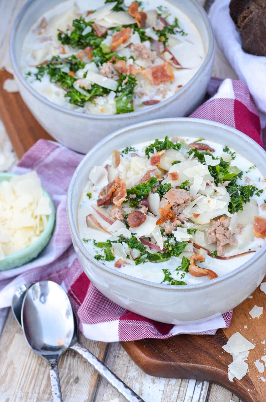 Copycat Zuppa Toscana (Olive Garden Recipe) olive garden copycat zuppa toscana soup in two small gray bowls